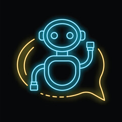 Poster - Neon sign of a chatbot waving inside a speech bubble, perfect for topics of customer service or online chat