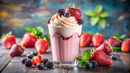 Poster - Creamy Strawberry and Berry Smoothie with Whipped Cream and Fresh Berries on a Wooden Table
