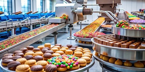 Poster - A modern confectionery factory with colorful candies and delicious pastries on conveyor belts and in trays, showcasing a seamless production process.