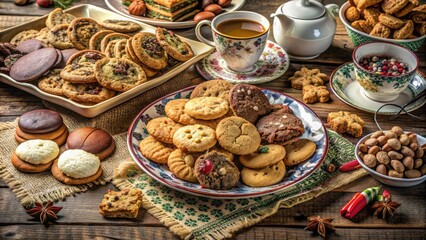 Poster - A Rustic Table Spread Featuring An Assortment of Cookies, Tea, and Confections, Perfect for a Cozy Holiday Gathering