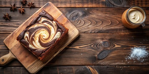 Poster - Swirled Chocolate and Vanilla Cake on a Wooden Board with a Side of Powdered Sugar
