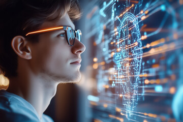 Poster - A young man focuses intently on glowing digital brain visuals while immersed in a tech-savvy environment