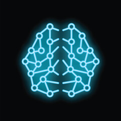 Poster - Neon blue brain is glowing on a black background, showing connections
