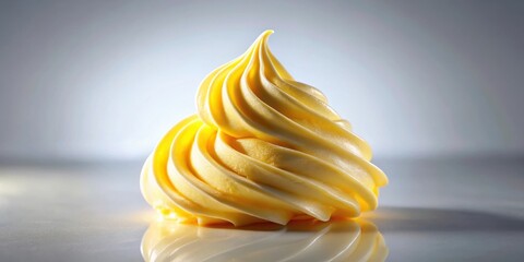Poster - A single swirl of pale yellow frosting sits on a reflective surface, capturing the light and highlighting its creamy texture.