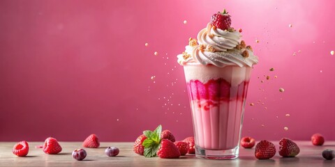 Aufkleber - Strawberry Milkshake with Whipped Cream and Topped with a Fresh Raspberry, Surrounded by Fresh Raspberries and a Mint Sprig on a Wooden Table with a Pink Background