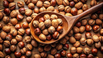 Poster - A wooden spoon overflowing with hazelnuts, scattered across a rustic wooden surface, showcasing the beauty of nature's bounty.
