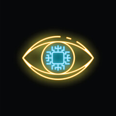 Poster - Neon sign of an eye with a microchip as the pupil, representing concepts like artificial intelligence and technological singularity