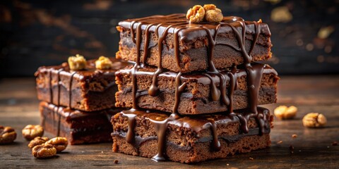 Poster - A decadent stack of rich chocolate brownies, each square generously drizzled with melted chocolate and topped with a single pecan, showcasing the ultimate indulgence for chocolate lovers.