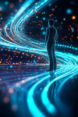Poster - A figure is surrounded by luminous, swirling light trails in a dynamic digital environment