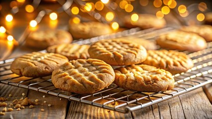 Poster - Golden brown cookies resting on a wire rack with a soft glow of warm lights in the background.