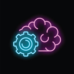 Canvas Print - Neon sign of a brain with a gear engaging, symbolizing thinking, ideas, and solutions