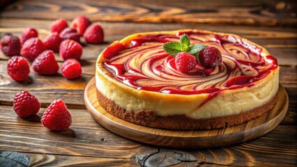 Aufkleber - Creamy Swirled Cheesecake Topped with Raspberry Glaze and Fresh Mint Leaves on a Wooden Board