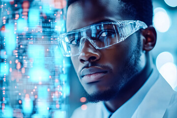 Poster - In a modern laboratory, a scientist evaluates digital information while wearing protective goggles and a lab coat