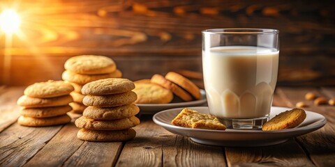 Poster - A glass of milk with a single cookie on a plate next to a pile of cookies on a wooden table. The sun is shining in the background, making the whole scene look warm and inviting.