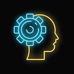 Poster - Neon sign depicting the profile of a human head with a gear partially inside, symbolizing thought, idea or solution