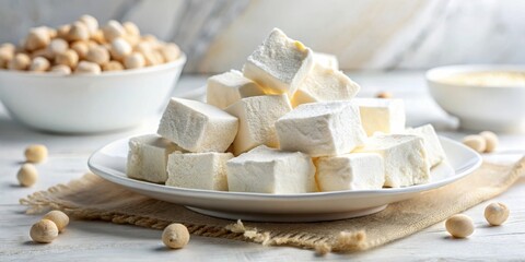 Poster - Soft, Creamy Marshmallows on a White Plate with a Rustic Burlap Placemat and Scattered Beige Balls