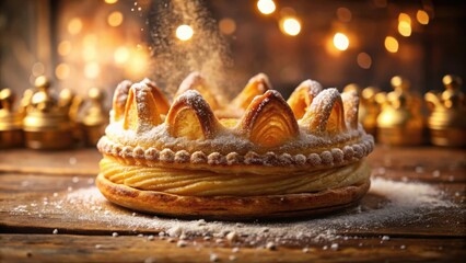 Poster - A Festive Crown of Pastry, Dusted with Powdered Sugar, Under a Sparkling Glow of Lights
