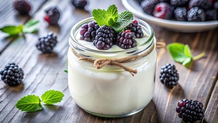 Poster - A jar of creamy yogurt topped with fresh blackberries and mint leaves, ready to be enjoyed for a healthy and delicious breakfast or snack.