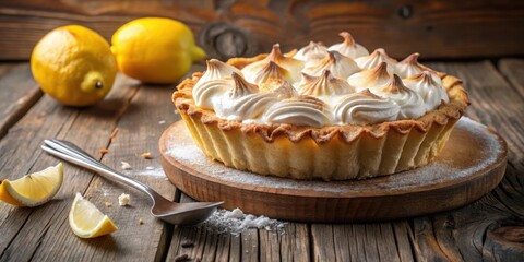 Poster - A delicious lemon meringue pie on a wooden board, with fresh lemon slices and a spoon nearby. The pie is topped with a generous amount of fluffy, white meringue.