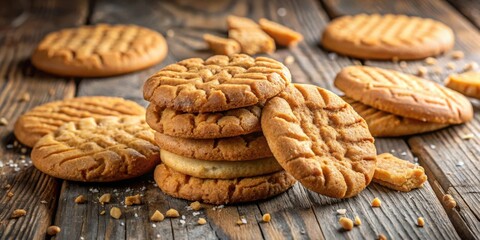 Poster - A Stack of Freshly Baked Peanut Butter Cookies, Arranged on Rustic Wooden Plank, with a Scatter of Crushed Nuts and Salt Crystals