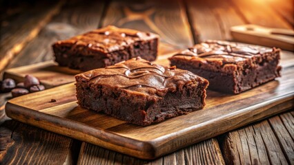 Poster - A close-up of freshly baked fudgy brownies with a chocolate glaze, resting on a rustic wooden cutting board, bathed in warm, inviting light.