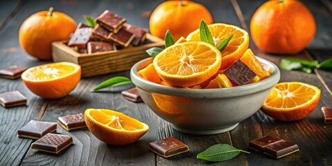 Poster - A bowl of fresh citrus fruit slices with brown chocolate squares scattered around on a dark wooden surface