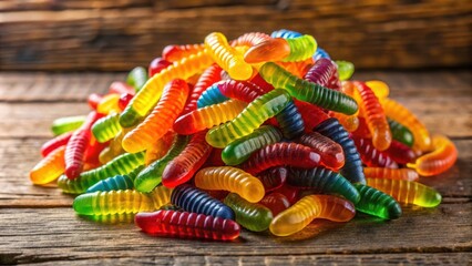 Poster - A heap of colorful, translucent, gummy worms on a rustic wooden table, ready to satisfy your sweet tooth