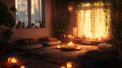 Wall Mural - A peaceful meditation space with cushions, candles, and soft lighting.