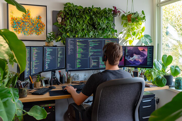 Poster - A person is focused on coding at a desk with several monitors, immersed in a vibrant, plant-filled workspace