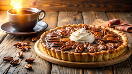 Poster - A slice of pecan pie topped with whipped cream, resting on a wooden surface, beside a cup of tea and scattered pecan halves.