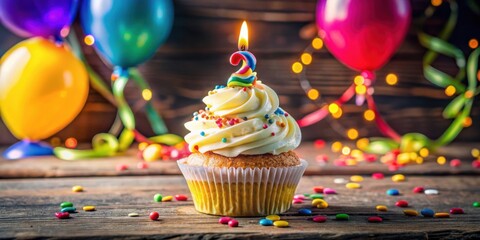 Poster - A festive cupcake with a lit candle, surrounded by colorful balloons and confetti, celebrates a special occasion.