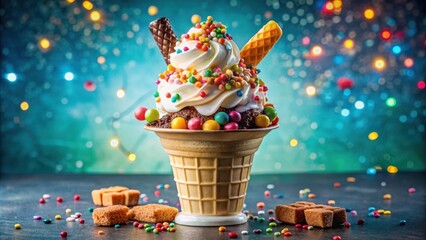 Poster - A Whimsical Ice Cream Sundae with Toppings and Candy, Against a Background of Sparkling Lights
