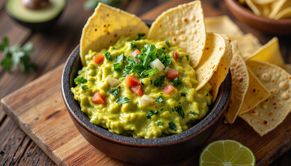 Fresh guacamole with tortilla chips in rustic bowl