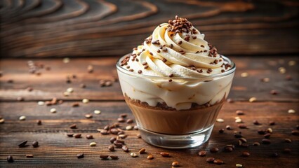 Poster - A creamy dessert with a smooth, rich chocolate layer and a fluffy, whipped topping, adorned with chocolate sprinkles, resting on a rustic wooden surface with scattered coffee beans.