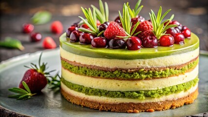 Poster - Layered Green Tea Cake with Fresh Berries and Rosemary Garnish