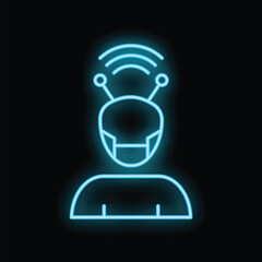 Poster - Neon sign of a robot wearing a mask with antennas emitting a wifi signal on a black background