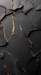 Poster - A textured black surface with deep cracks and shimmering gold accents creates a striking contrast