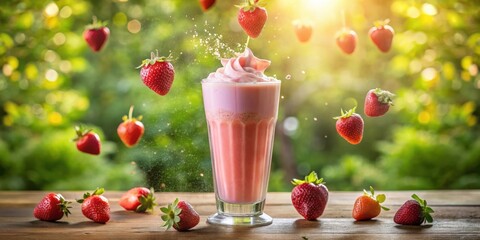 Poster - Strawberry Milkshake with Whipped Cream and Falling Berries on a Wooden Table