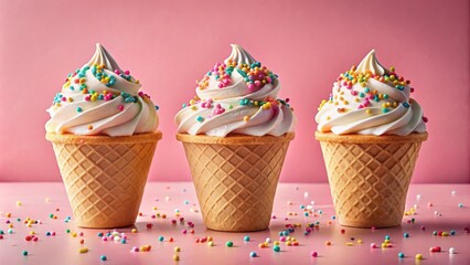 Poster - Three Whipped Cream Cones with Colorful Sprinkles on a Pink Background