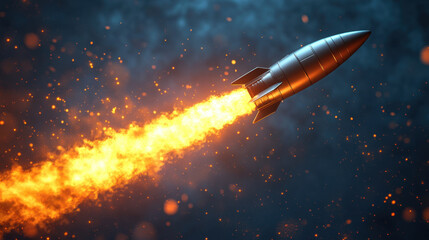 Wall Mural - sleek rocket is launching into dark sky, leaving trail of fiery flames and sparks behind. scene capt