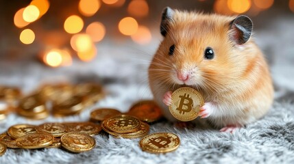 Wall Mural - A hamster is holding a gold coin with the letter B on it. The hamster is surrounded by many gold coins, creating a scene of wealth and abundance