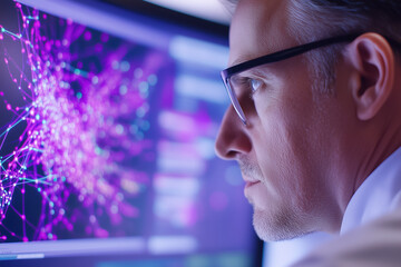 Poster - A researcher focuses intently on vibrant data visualizations displayed on a computer screen in a lab