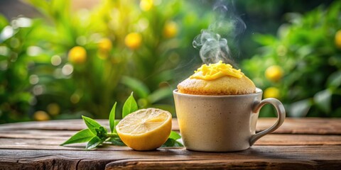 Poster - A freshly baked lemon cake in a mug, steaming hot, with a slice of lemon on a wooden table, surrounded by greenery.