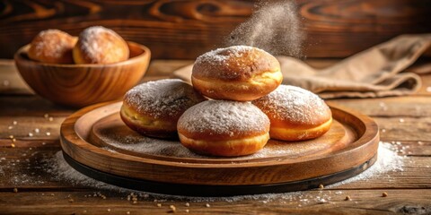 Aufkleber - A Stack of Freshly Baked Doughnuts Coated in Powdered Sugar on a Rustic Wooden Tabletop