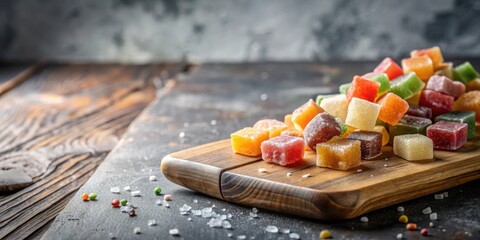 Poster - A close-up of colorful gelatin candies on a wooden cutting board, scattered with sprinkles and a few grains of salt on a rustic table surface.