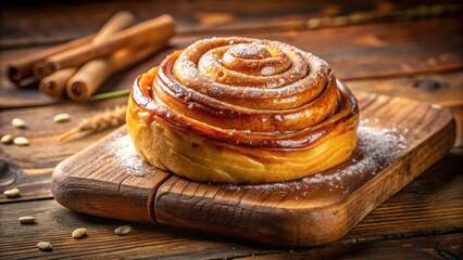 Aufkleber - A golden brown cinnamon roll dusted with powdered sugar, resting on a rustic wooden cutting board, surrounded by scattered cinnamon sticks and seeds, creating a warm and inviting ambiance.