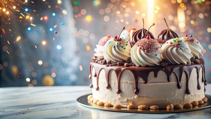 Poster - A Festive Chocolate Cake with Whipped Cream and Sprinkles, Decorated with Cherries and Chocolate Balls, Against a Background of Sparkling Lights
