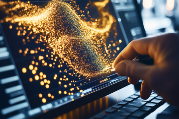 Poster - A hand engages with a bright digital display, showcasing intricate patterns of light in a contemporary workspace