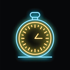 Poster - Neon icon of a pocket watch glowing yellow and blue on a black background