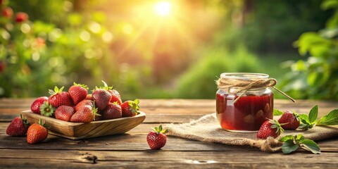 Poster - A wooden table with a bowl full of fresh strawberries, a jar of strawberry jam, and a few scattered strawberries, all in a warm summer setting.